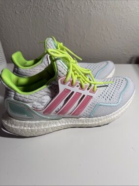 adidas White Sneakers with Pink Stripes and Neon Yellow Laces